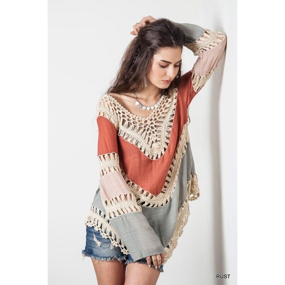 Unbranded Tops - Crochet Color Block BOHO S Blouse Top Tunic Festival Bell Sleeves PTP 18” NWOT